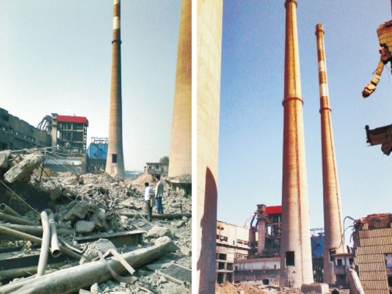 河南开封电厂150米和180米钢筋混凝土烟囱爆破拆除工程